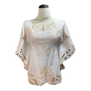 Baraschi Embroidered Floral Caftan Blouse White Beige Size 10.